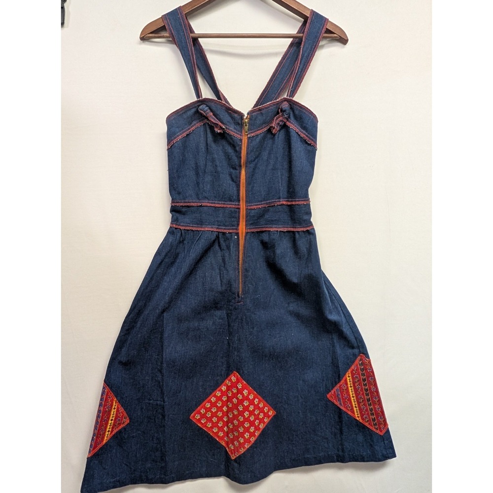 Vintage 70s Jean Pinup Dress Day Dress Womens M 9 Denim Chambray Patches Overall